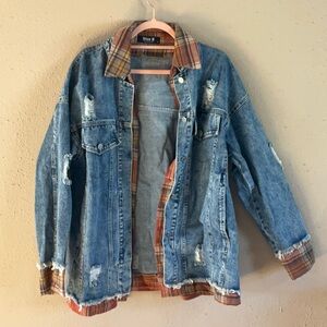 Trendy Distressed Denim Jacket with Plaid Lining